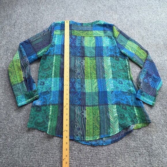 Liz Claiborne Top Womens L Green Blue Paisley Popover Blouse Sheer Silver Button - Picture 11 of 13
